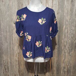 Rena for Ajio L Women's Top Blouse Baby Doll Peplum Blue Embroidered Floral